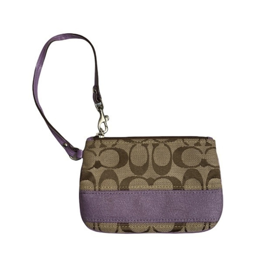 Coach brown sig c purple striped wristlet bag